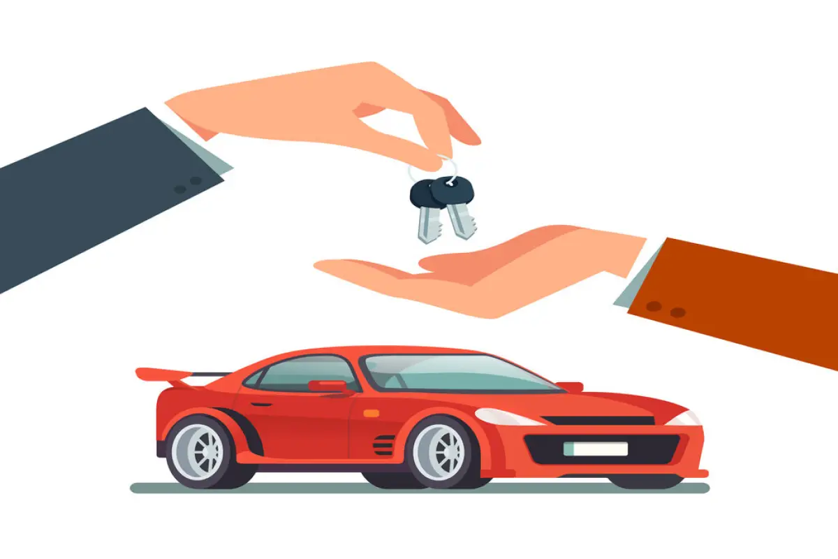 Buying, renting a new or used speedy sports car, Buying or renting a new or used red and speedy sports car. Dealer giving keys chain to a buyer hand. Modern flat style vector illustration isolated on white background.