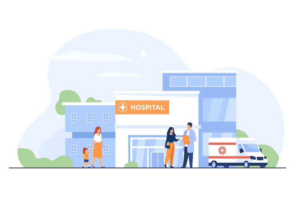 City hospital building, City hospital building. Patient talking to doctor at entrance, ambulance car parked at clinic. Can be used for emergency, medical care, health center concept