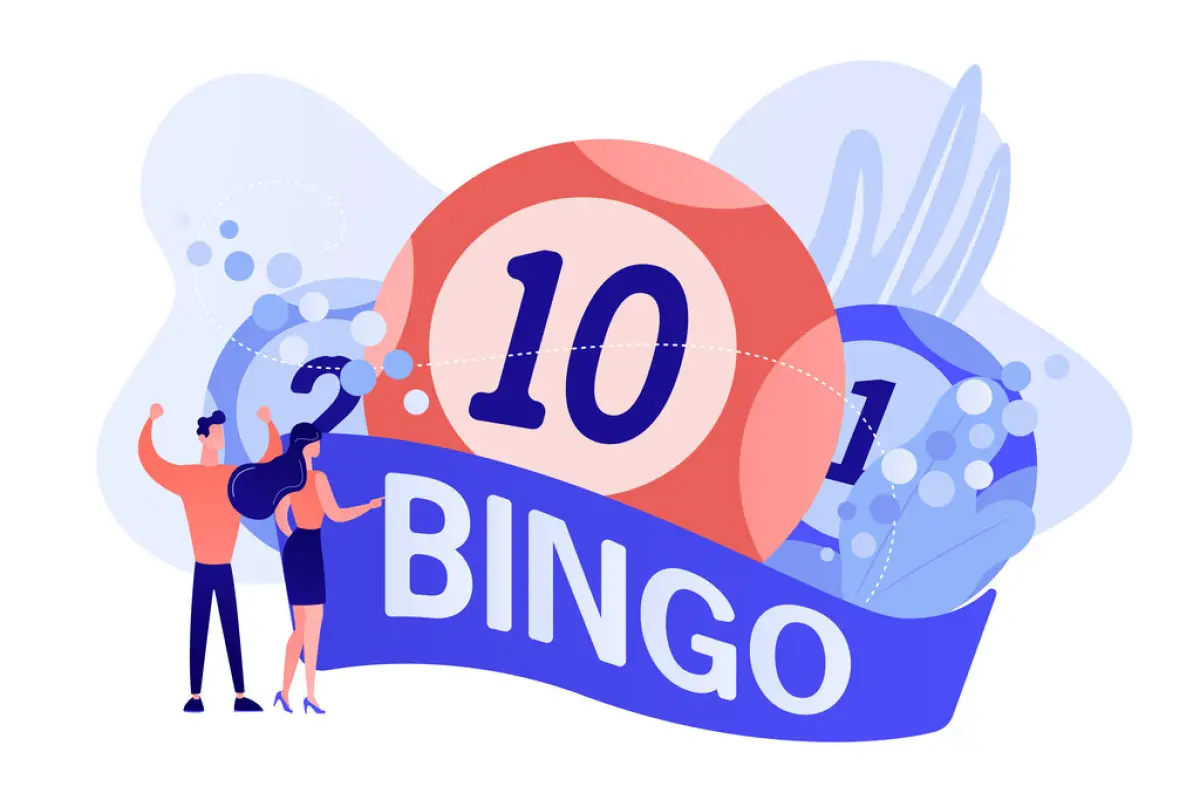 Lottery game concept vector illustration., Businessman and woman winners and bingo lottery balls with lucky numbers, tiny people. Lottery money game, lucky raffle ticket, bingo game concept. Pinkish coral bluevector isolated illustration