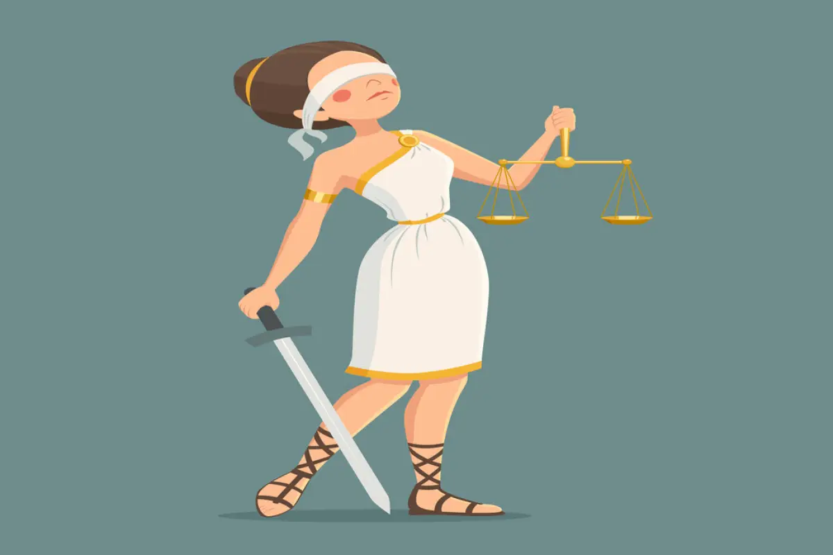 Justice Lady Illustration, Blindfolded Greek justice lady with sword and scales cartoon vector illustration