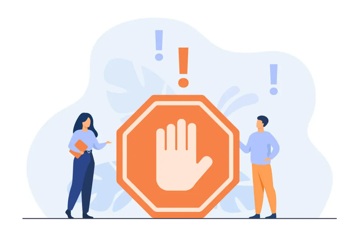 Tiny people standing near prohibited gesture, Tiny people standing near prohibited gesture isolated flat vector illustration. Cartoon symbolic warning, danger or safety caution information. Forbidden entry or restricted area concept