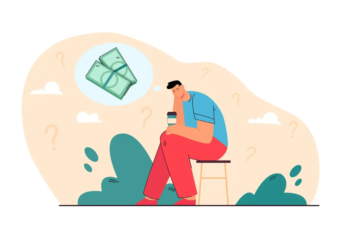 Sad bankrupt thinking of money problems, Sad bankrupt thinking of money problems over cup of coffee. Person having debts and financial troubles, feeling depression. Vector illustration broke businessman, poverty, unemployed man concept