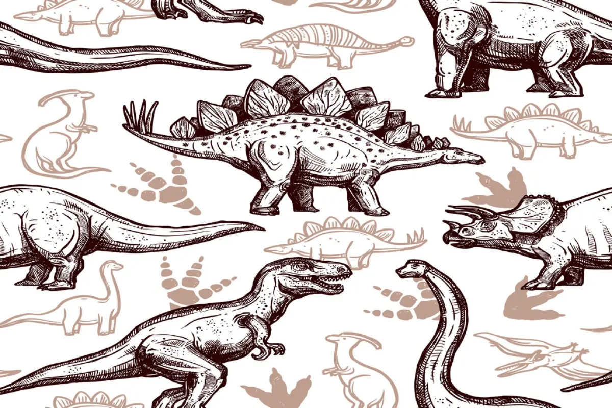 Dinosaurs footprints seamless pattern two-color doodle, Prehistoric dinosaurs reptiles with footprints on background seamless wrap paper pattern two-color doodle style abstract vector illustration