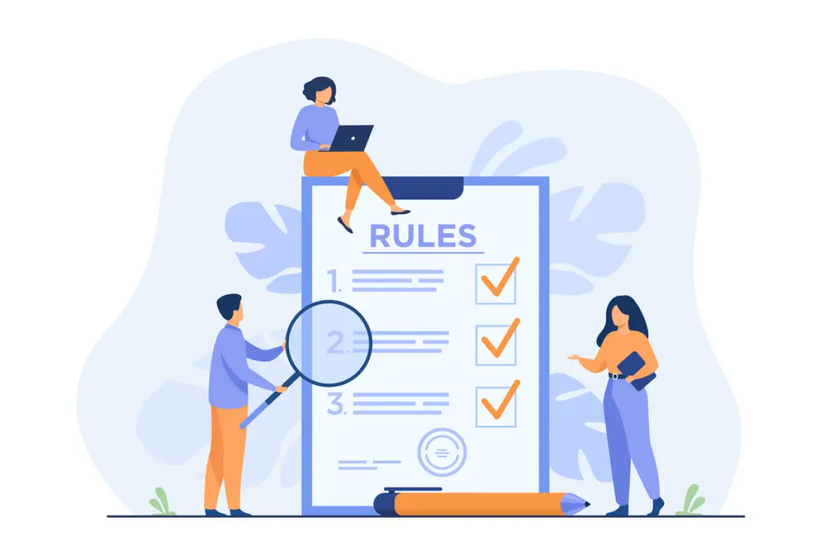 Business people studying list of rules, Business people studying list of rules, reading guidance, making checklist. Vector illustration for company order, restrictions, law, regulations concept