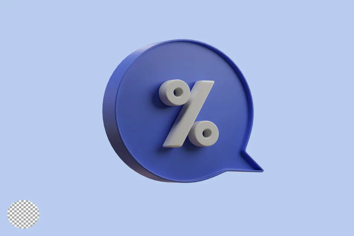 White percentage or percent inside bubble text message for speci, White percentage or percent inside bubble text message for special offer of shopping department store discount and banking interest rate concept by realistic 3d render.
