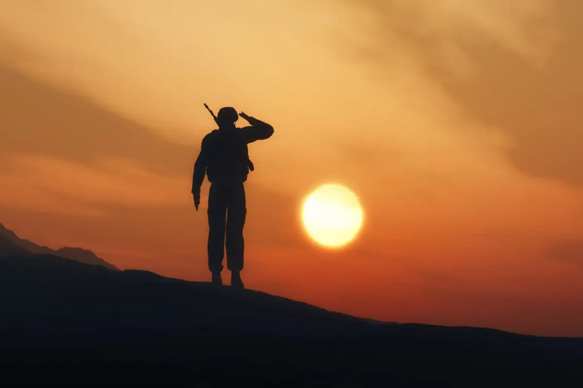 Silhouette of a soldier saluting, 3D render of a silhouette of a soldier saluting against a sunset sky