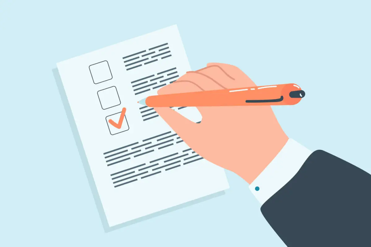 Hand checking box in document flat vector illustration, Hand checking box in document flat vector illustration. Man or businessman signing contract, voting in election or filling out ballot with red pen. Form, application, document concept