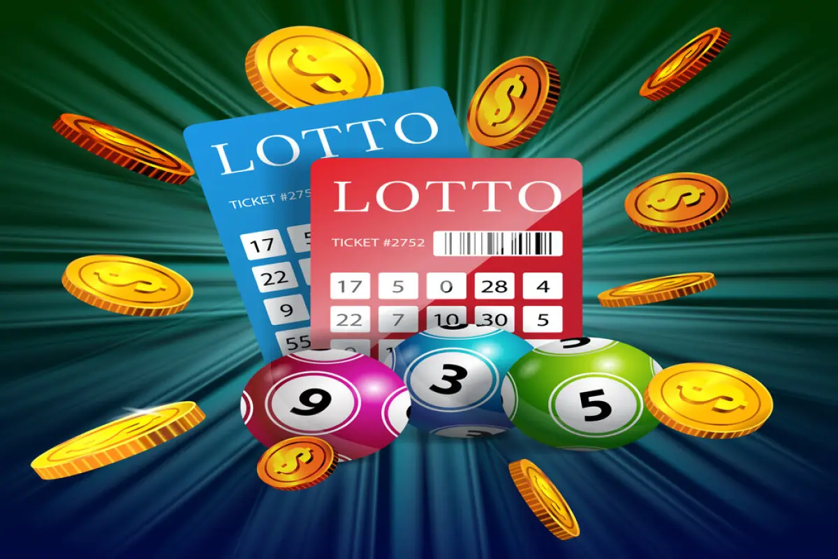 Lottery tickets, balls and flying golden coins, Lottery tickets, balls and flying golden coins. Gambling business advertising design. For posters, banners, leaflets and brochures.