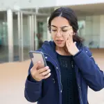 mujer sorprendida por ver su celular
